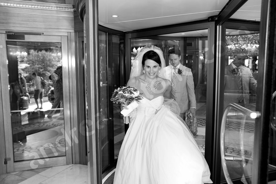 Man and woman getting married exiting their hotel headed for the symbolic wedding in Rome 