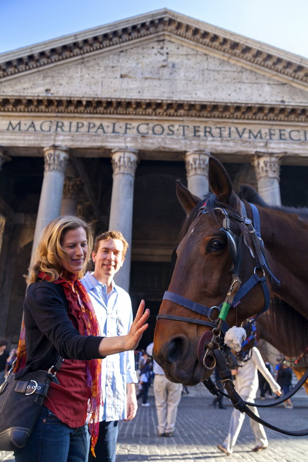 Caressing a horse in Piazza del Pantheon in Italy 