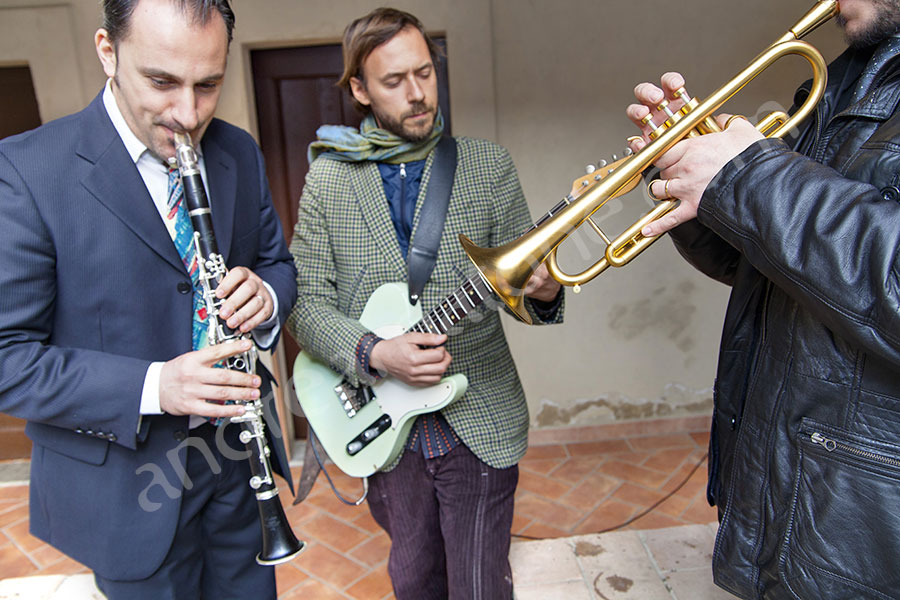 Music band players playing their instruments 