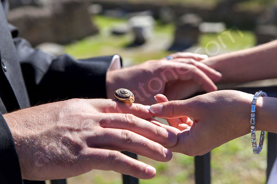 A little snail resting on the hand of the groom 