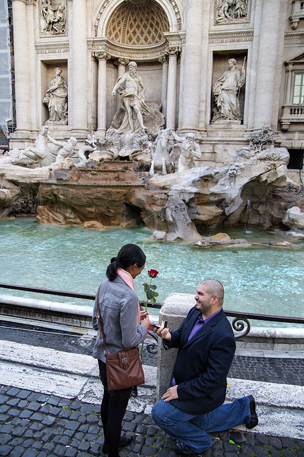 Surprise wedding proposal in Rome in Piazza Fontana di Trevi in Italy