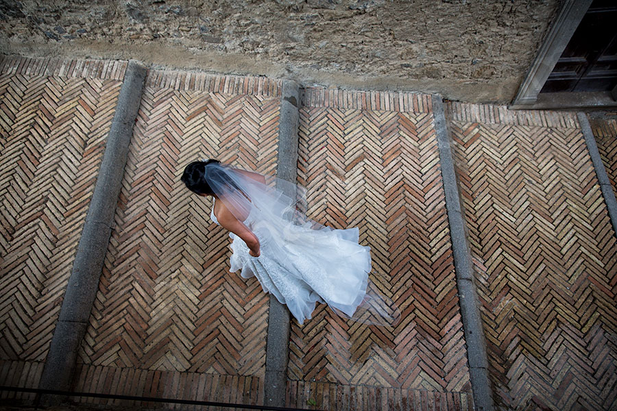The bride photographed from above as she walks down