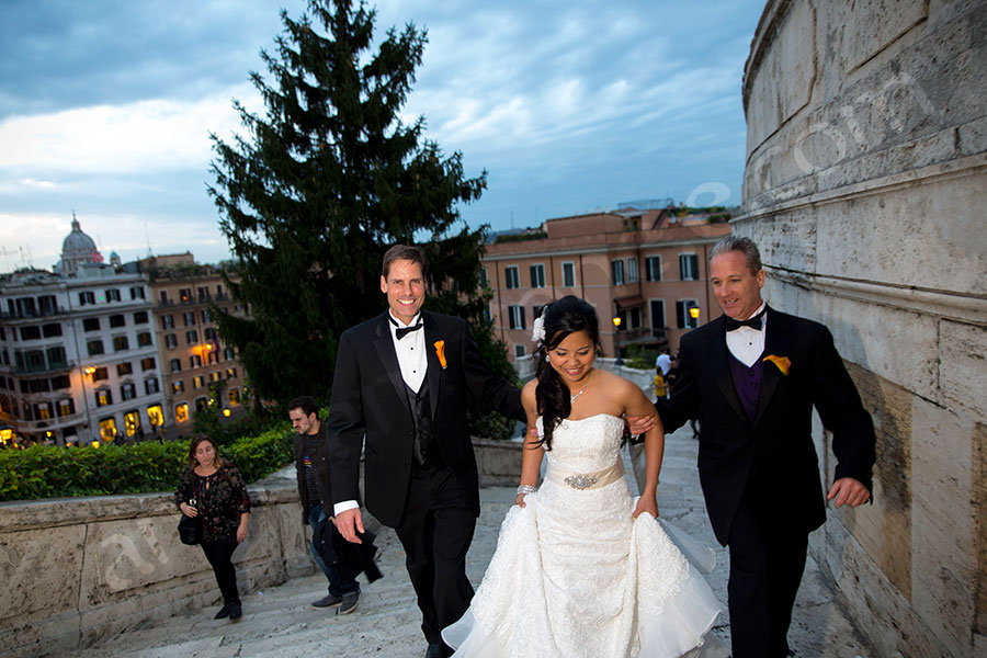 Matrimonial photography walking up the Spanish steps in Rome Italy