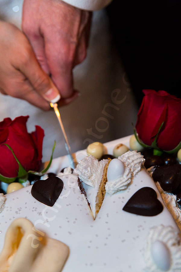 Cutting the wedding cake close up