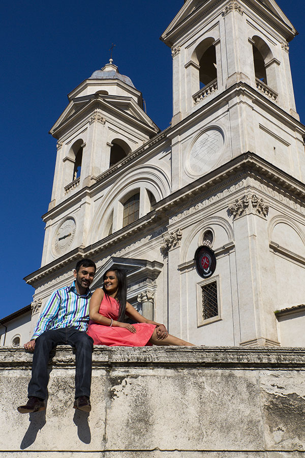 Portrait picture taken of an engagement couple up on Trinita' dei Monti