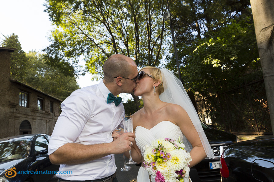 Bride and groom first kiss