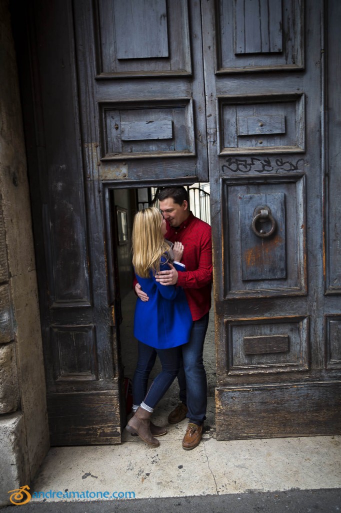 Couple kissing after a wedding proposal photo in Rome Italy