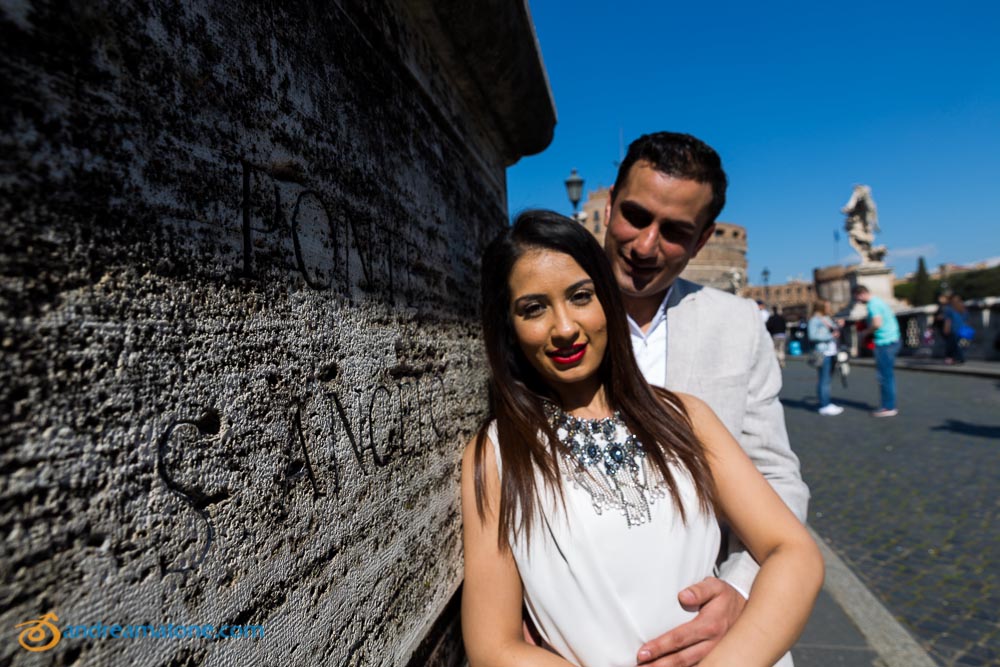 Couple posing during a prewedding shoot at Ponte Castel Sant'Angelo