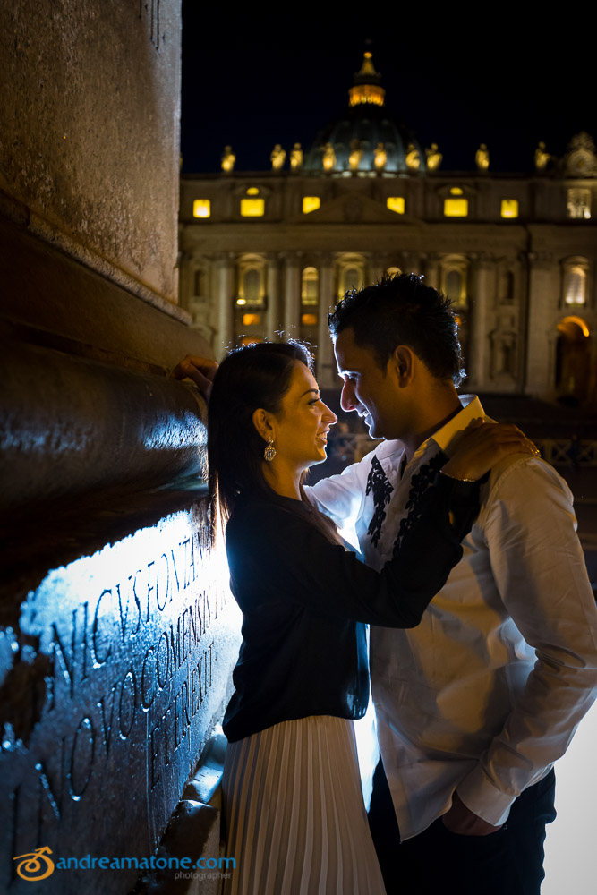 Beautiful couple pictures at nighttime at the Vatican.