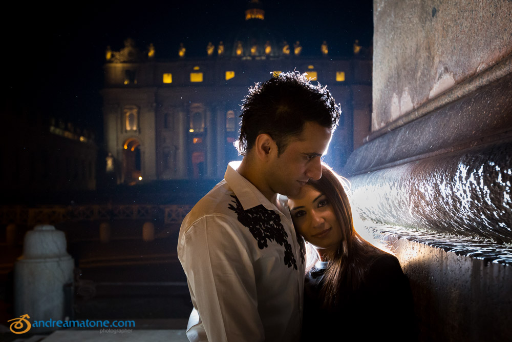 Nighttime engagement photo session in Rome at the Vatican during a Pre Wedding shoot