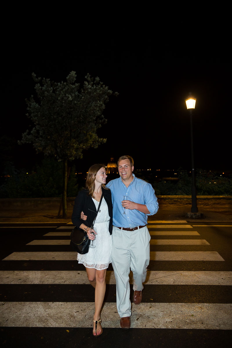 Crossing the street at night.