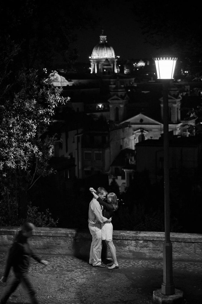 Surprise marriage proposal in Rome. Black and white.