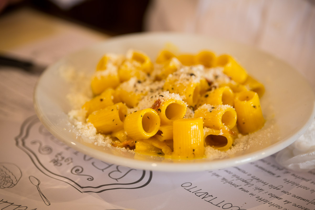 Plate of carbonara Italian pasta dish