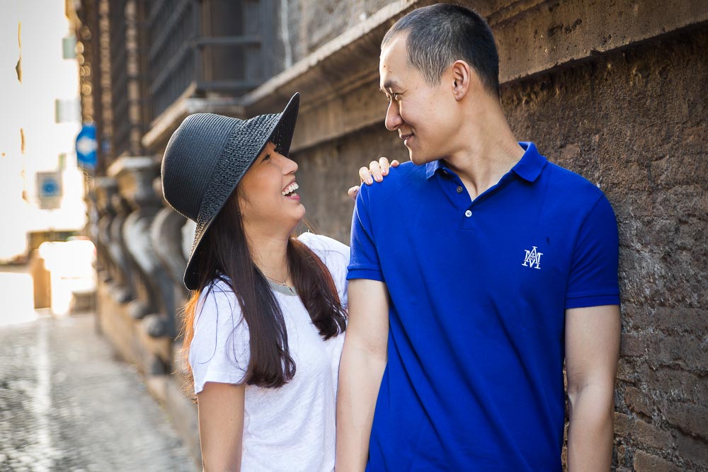 Honeymoon couple photo shoot. Smiling in Rome Italy.