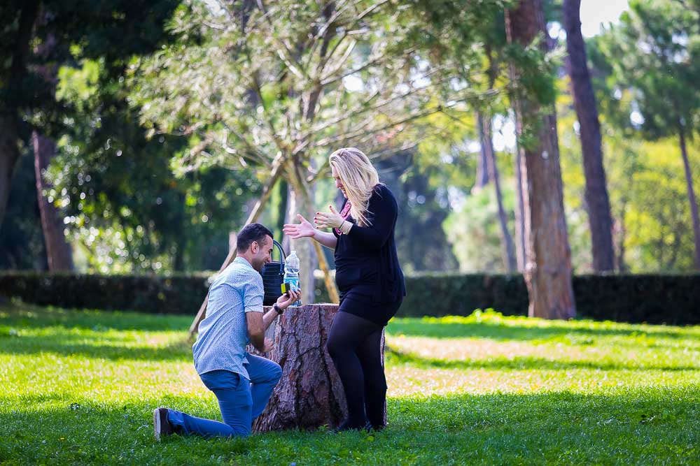 The moment of the surprise proposal photographed in a park.