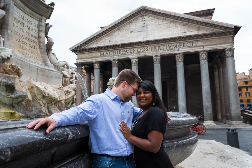 The view of the Pantheon from the water fountain. Rome Engagement Shoot.