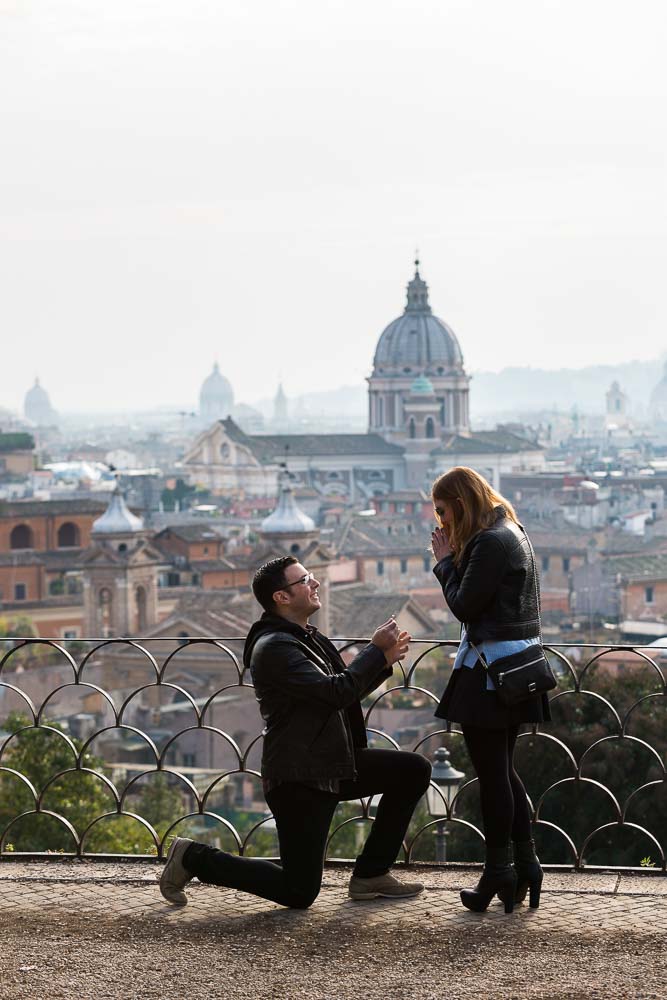 Engagement marriage proposal at Parco del Pincio in Rome Italy.