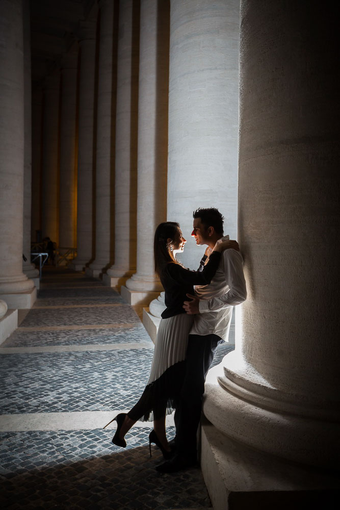 Honeymoon engagement style shoot at night in the Vatican square.