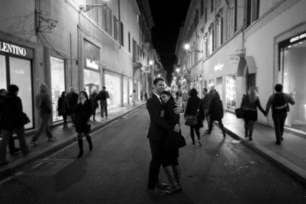 Via Condotti engagement photo session in black and white