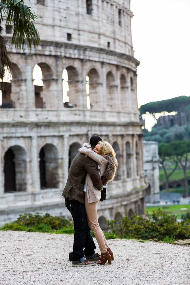 Couple hugging of joy after marriage proposal in Rome
