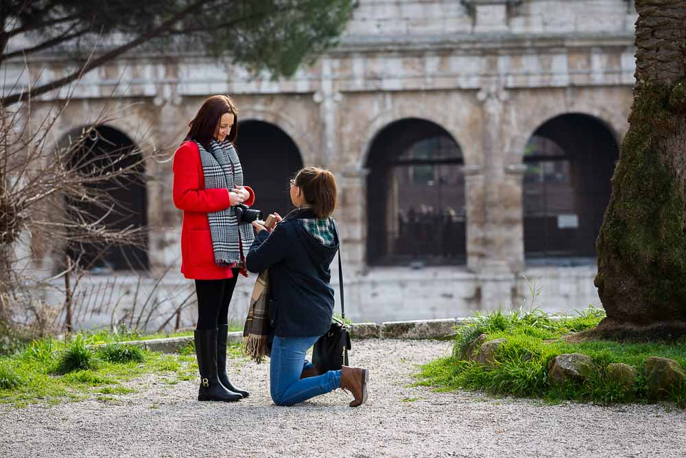 One knee down asking for marriage in Rome Italy. Engagement Same Sex Gay friendly photography