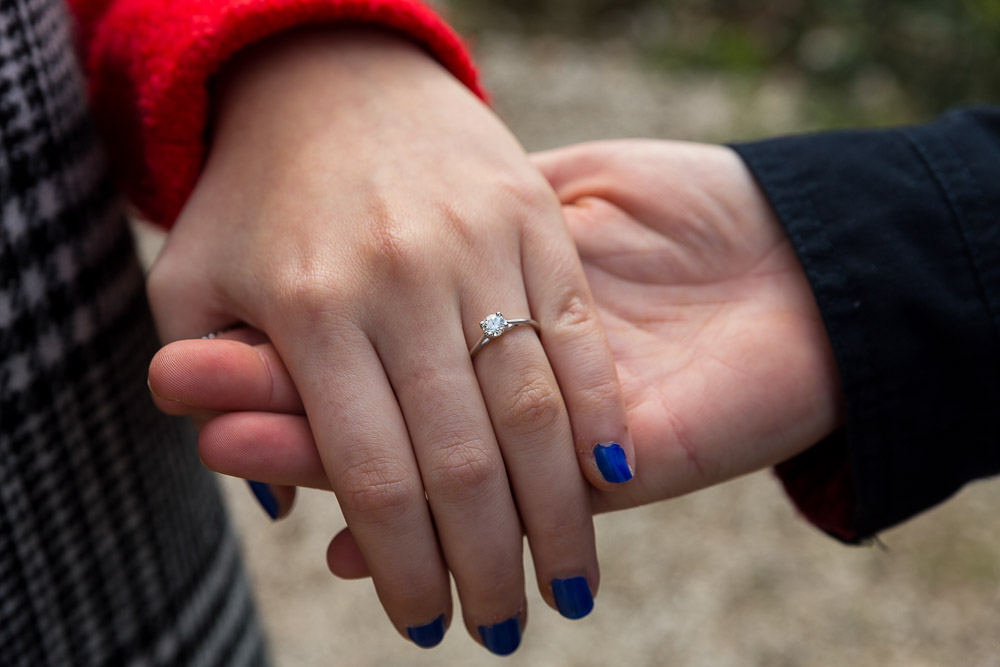 Close up photo of the engagement ring on hand