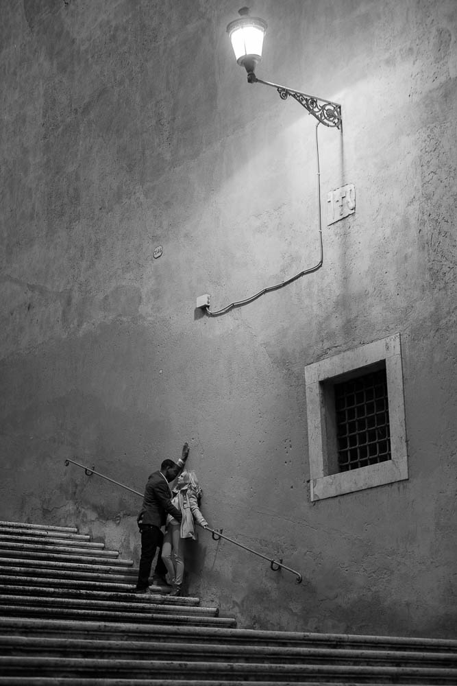 Black and White engagement picture taken at Piazza del Campidoglio