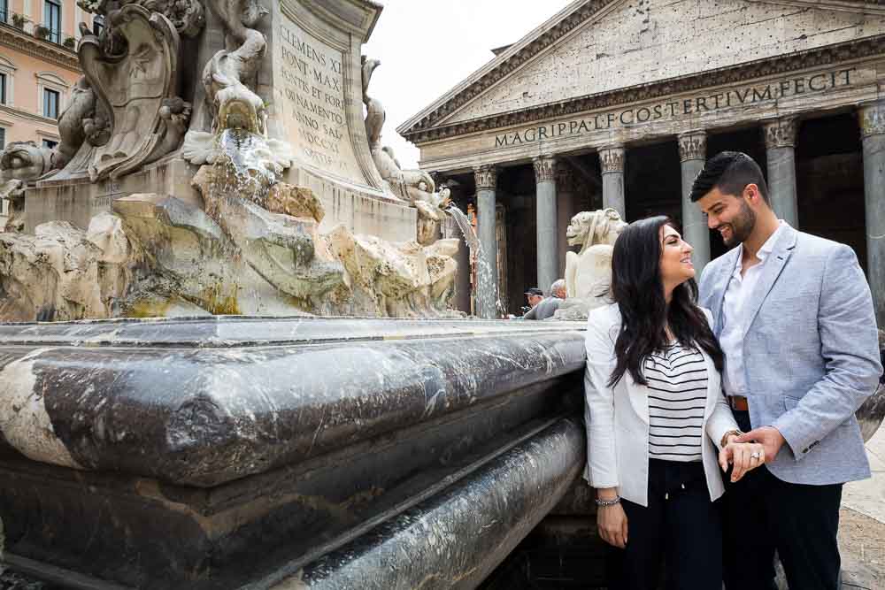 Engagement picture next to the water fountain at the Pantheon