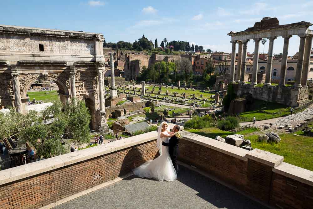 Photo session at the Roman Forum. Newlyweds photographed from above.
