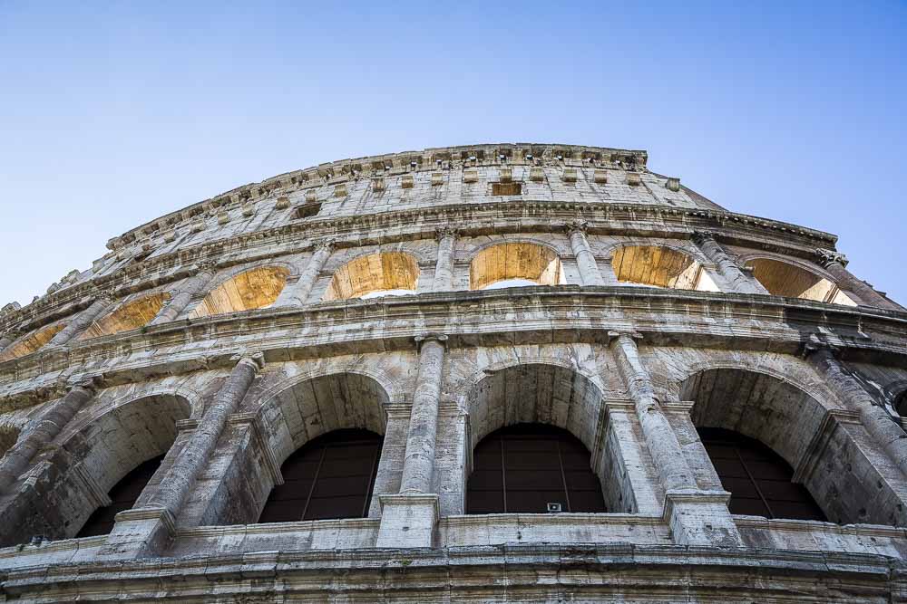 The view of the Roman Colosseum Rome Italy. View from outside and down below.