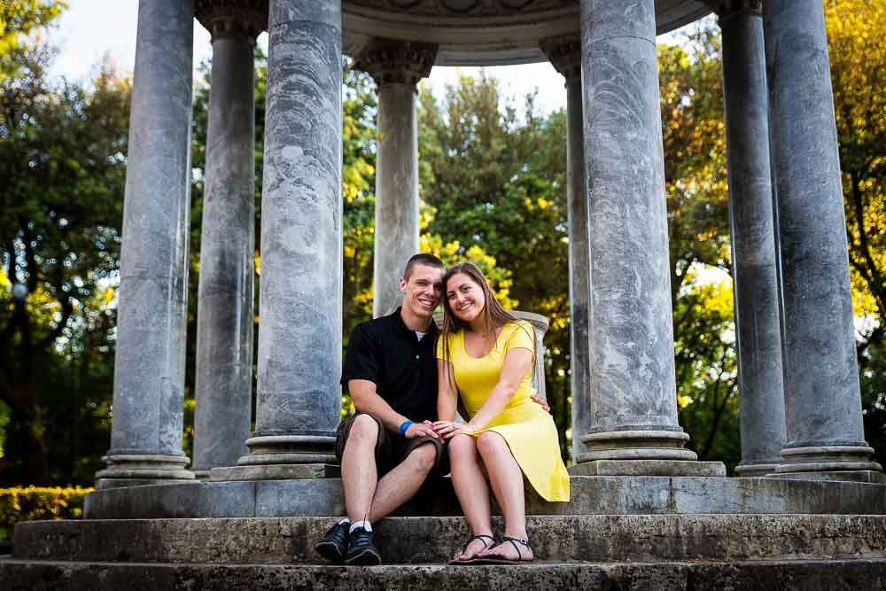 Sitting down on the steps of temple Diana. Portrait session.