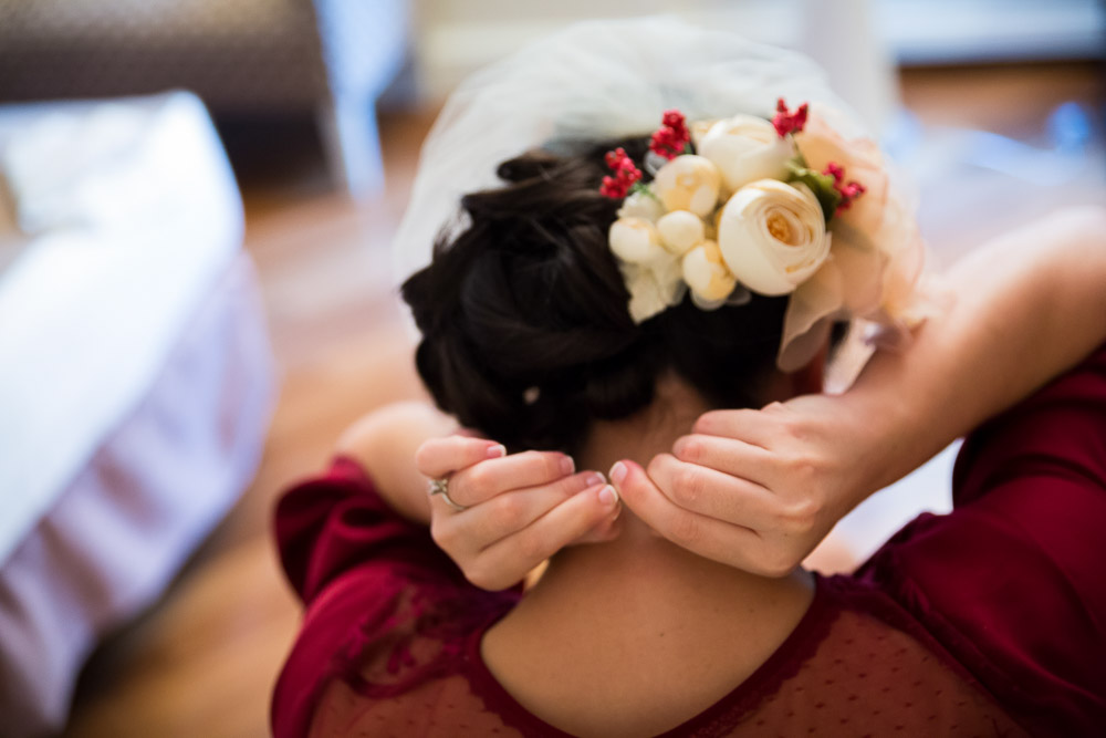 Bridal necklace photographed from the back during closing