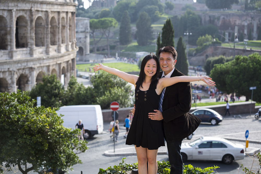 Happy and joyful marriage proposal overlooking the city
