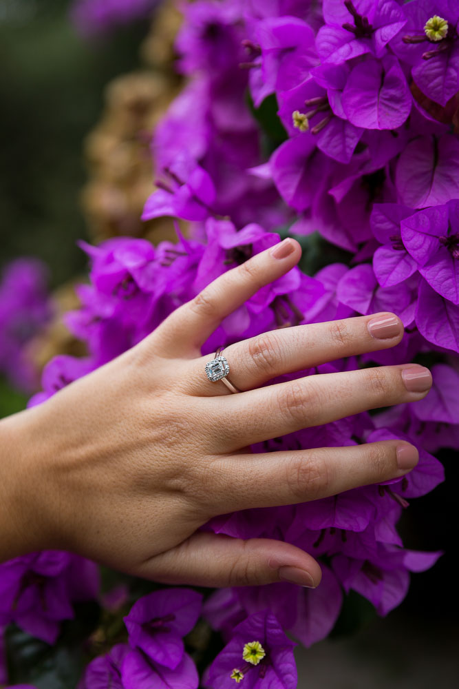 Engagement ring close up over purple flowers