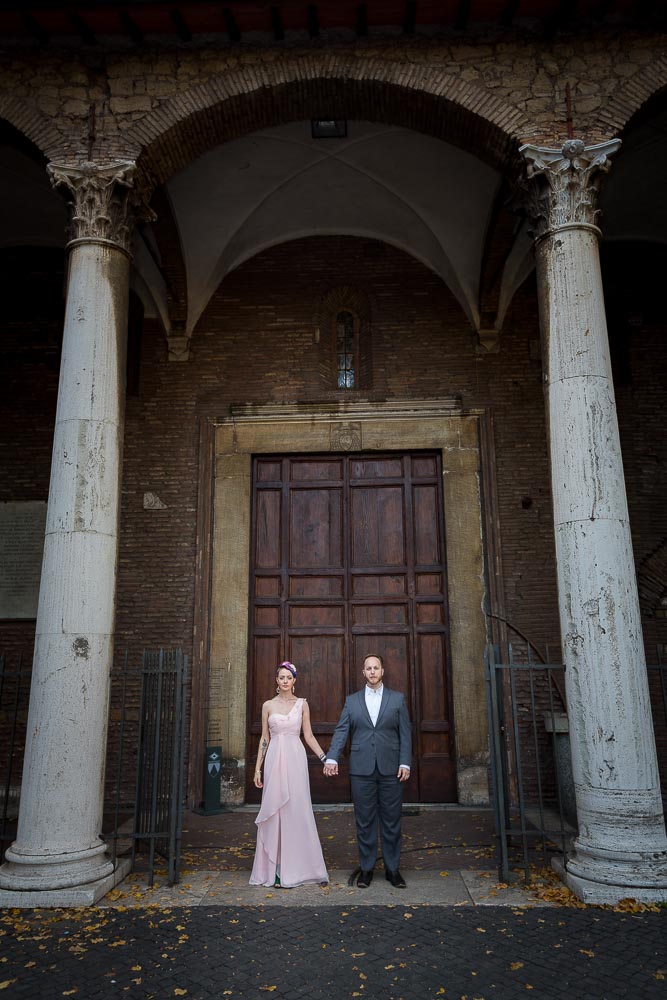 Standing together at the entrance of an ancient church