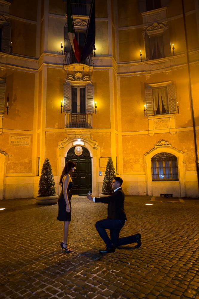 Wedding Night time proposal in a beautiful square 