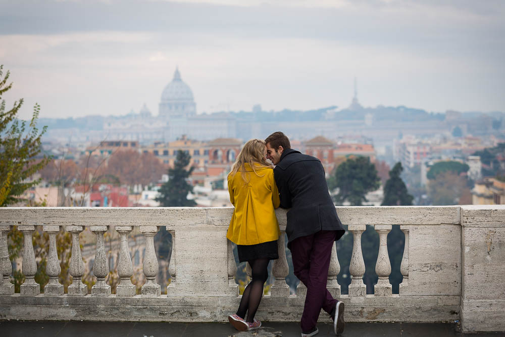 Overlooking the city of Rome in love during engagement photos