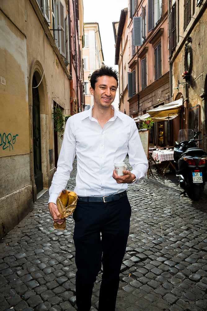 Bringing bread and coffee. An Italian take away breakfast.