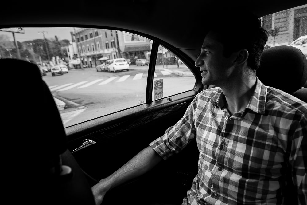 Riding in a roman taxi bw