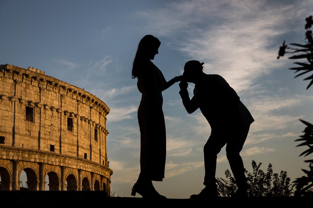 Silhouette image of an engaged couple at the Coliseum in Rome