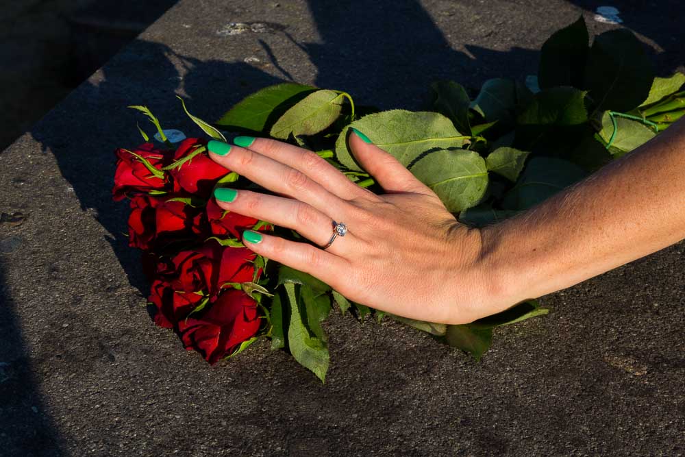 Engagement ring close up over red roses