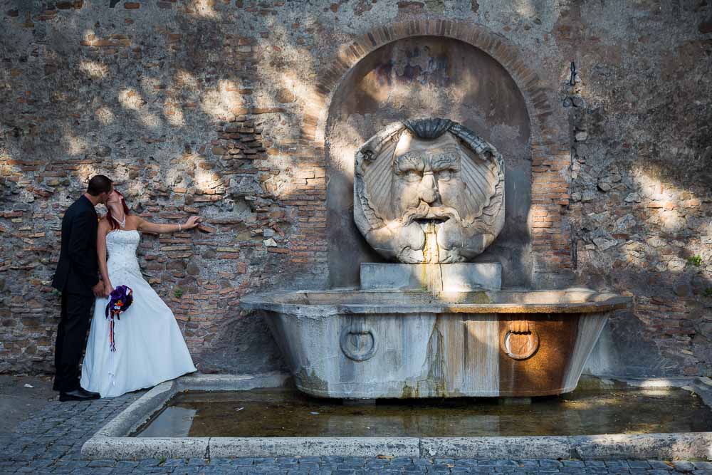 Water fountain in the square newlywed photography session