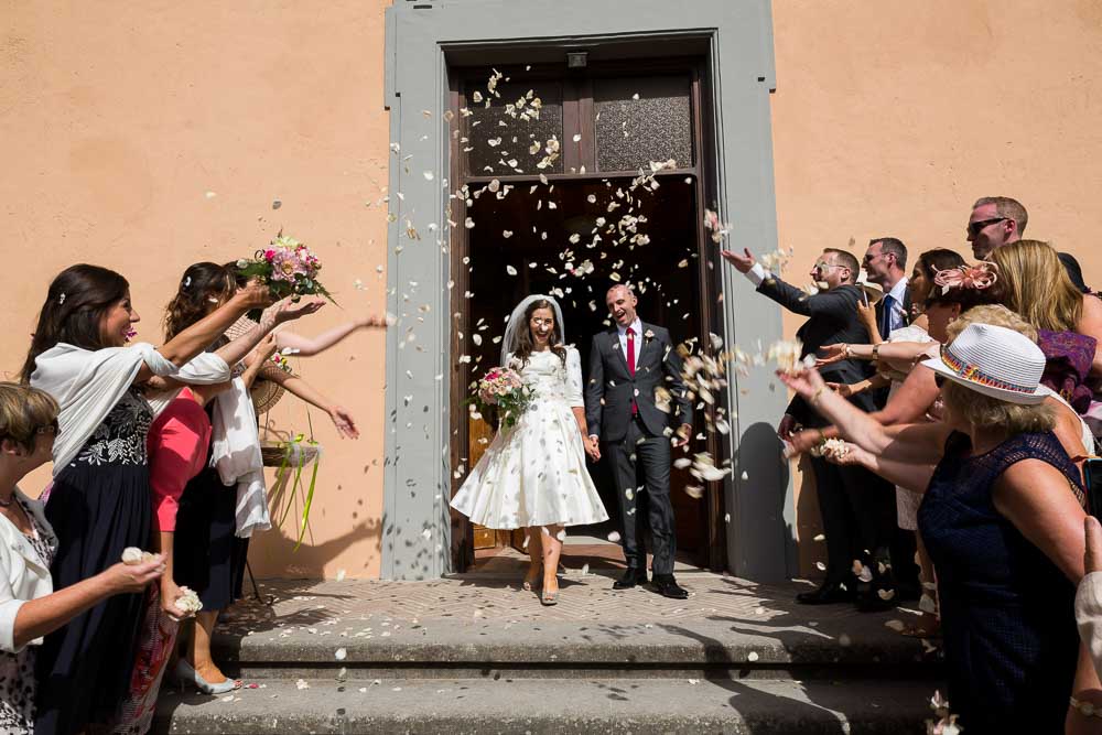 Church exit. Launching of flower pedals