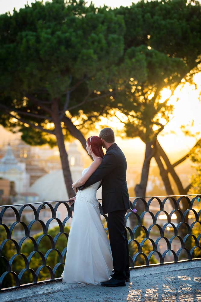 Sunset wedding photo session looking out from Pincio park in Rome