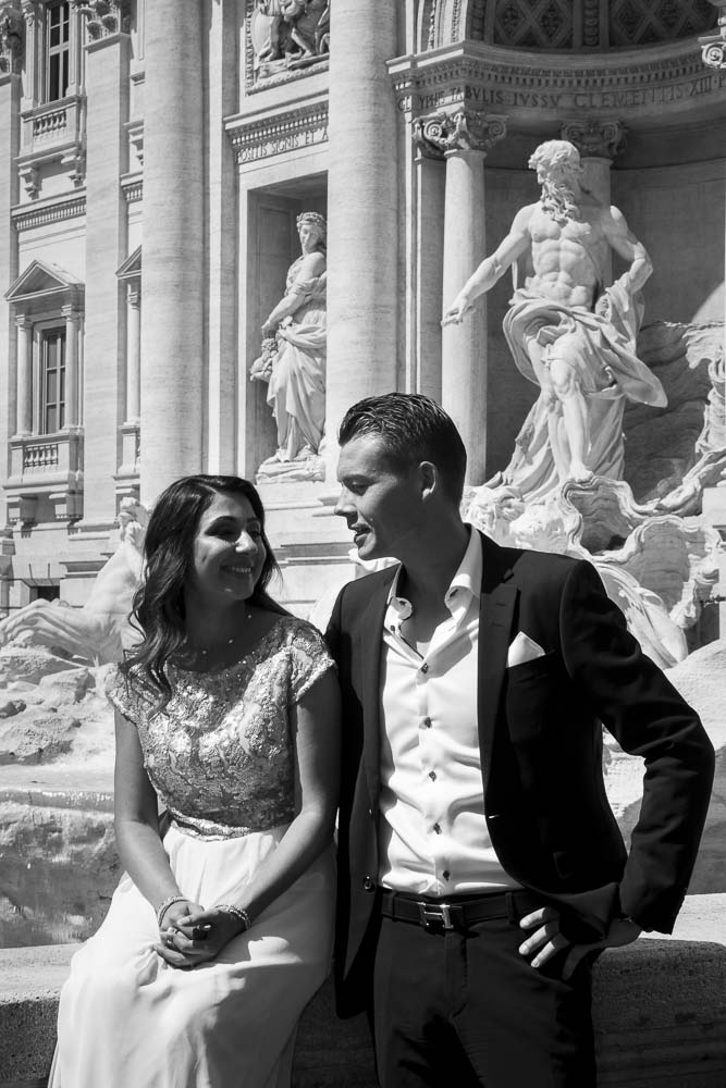 Black and white image at the Trevi fountain