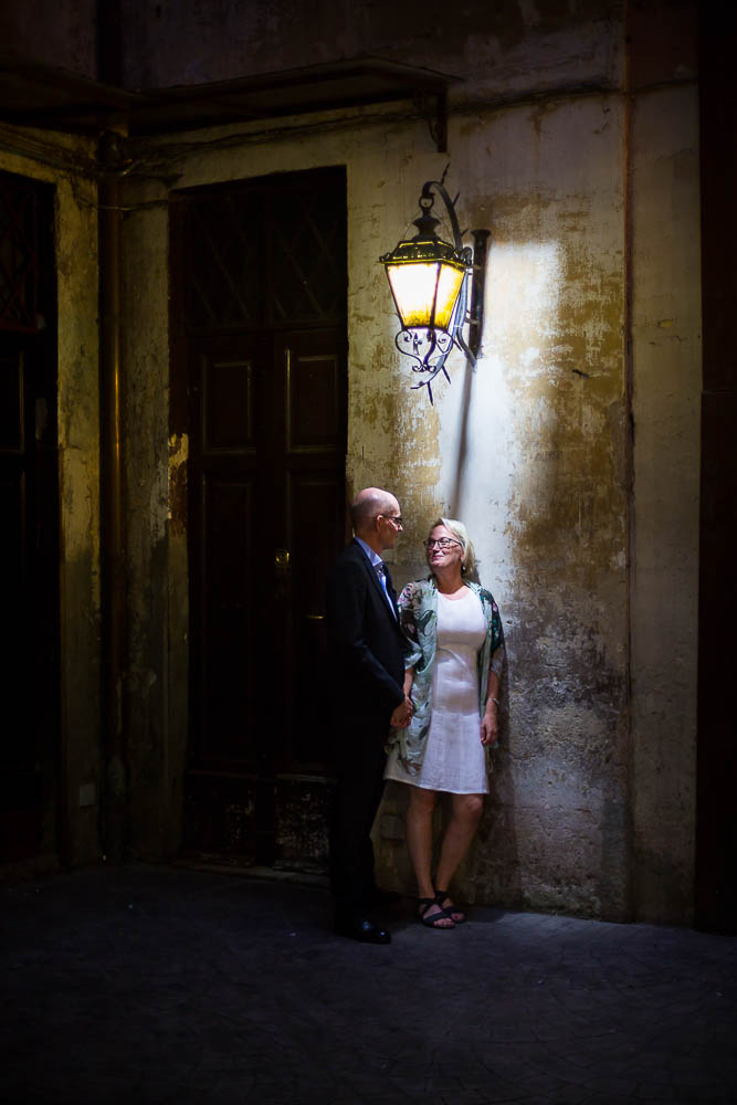 Evening lit street corner during a lifestyle photo session in Rome