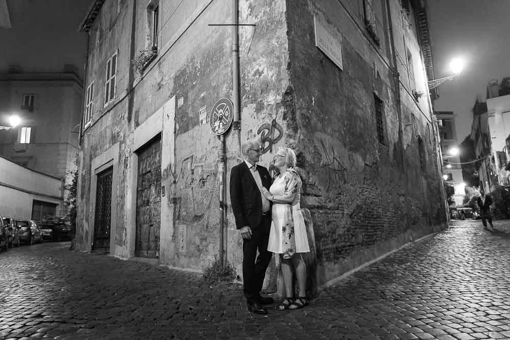 Trastevere street corner at night in black and white photography