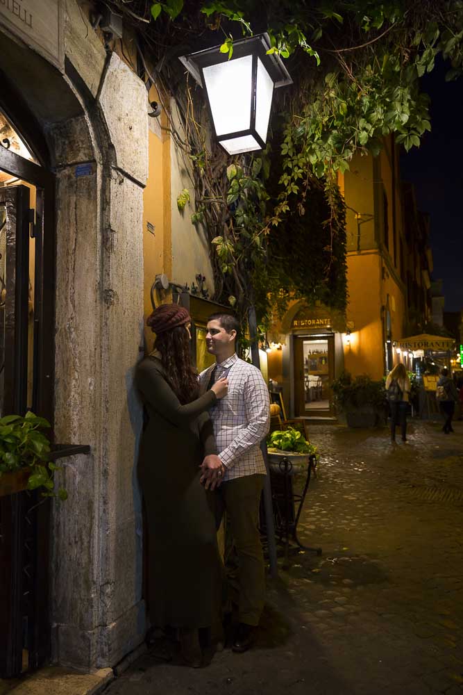 Night engagement photos in the Trastevere quarter