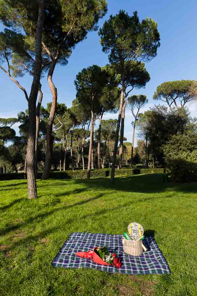 Picnic blanket and basket in the Villa Borghese park in Rome Italy