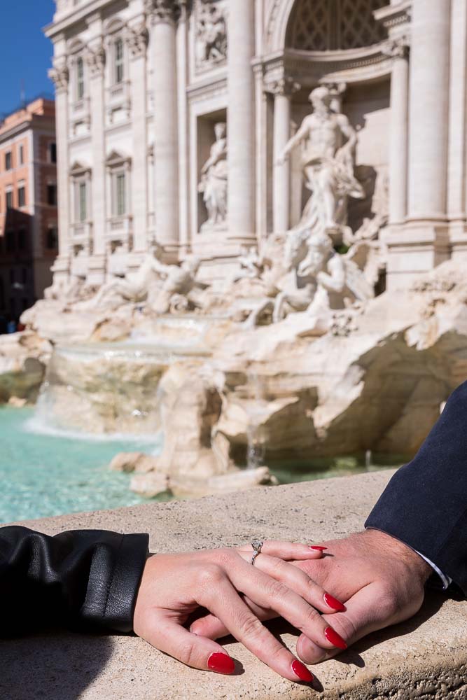 Engagement ring close up. Fontana di Trevi. Roma